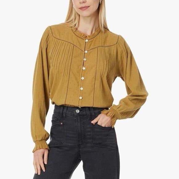 Faherty 100% Organic Cotton Button Up Pintuck Shirred Dot Blouse NWT Size Small - Picture 1 of 7